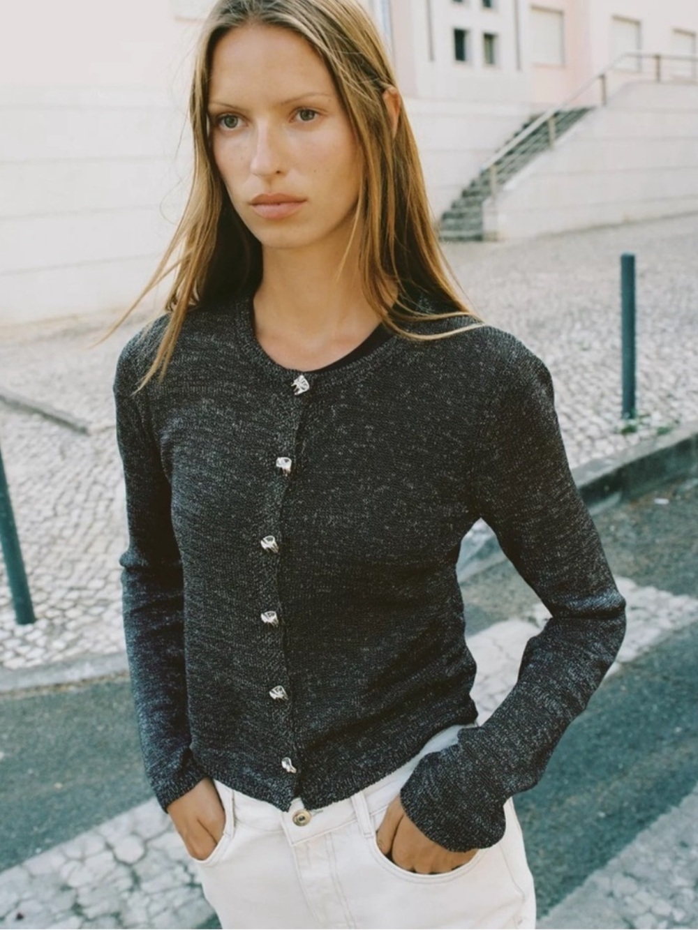 ZARA METALLIC THREAD BUTTON CARDIGAN
COLOR DARK SILVER